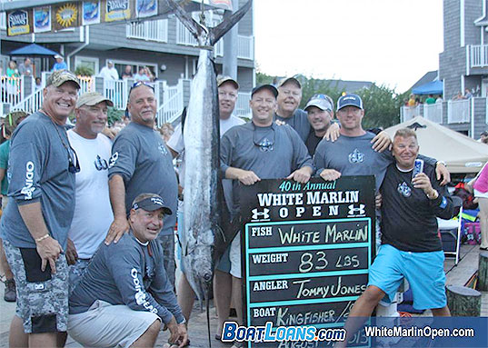 Photo of the crew of the Kingfisher and their 83 pound white marlin from the 40th Annual White Marlin Open